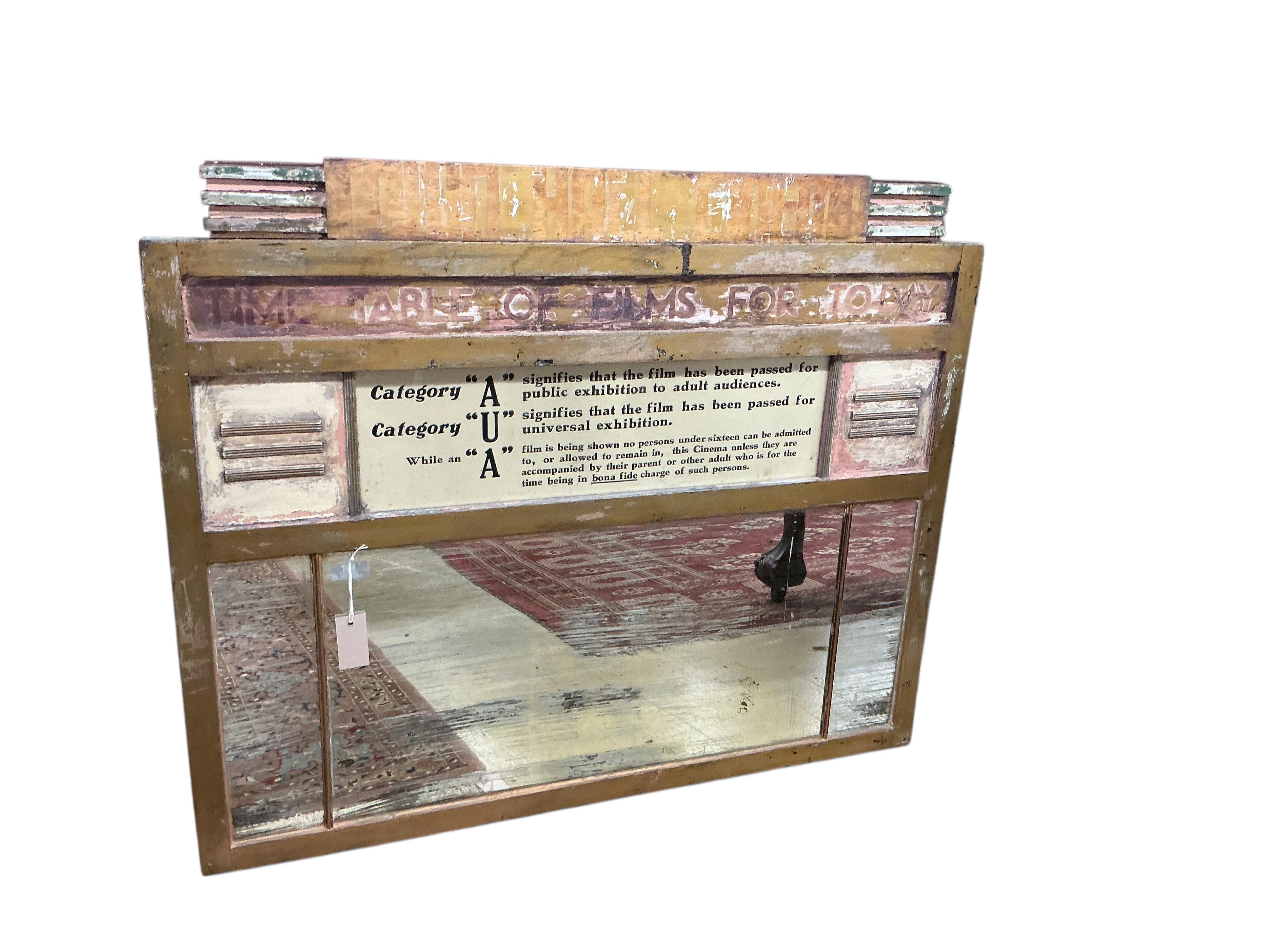 A mid century cinema foyer mirror, width 102cm, height 84cm